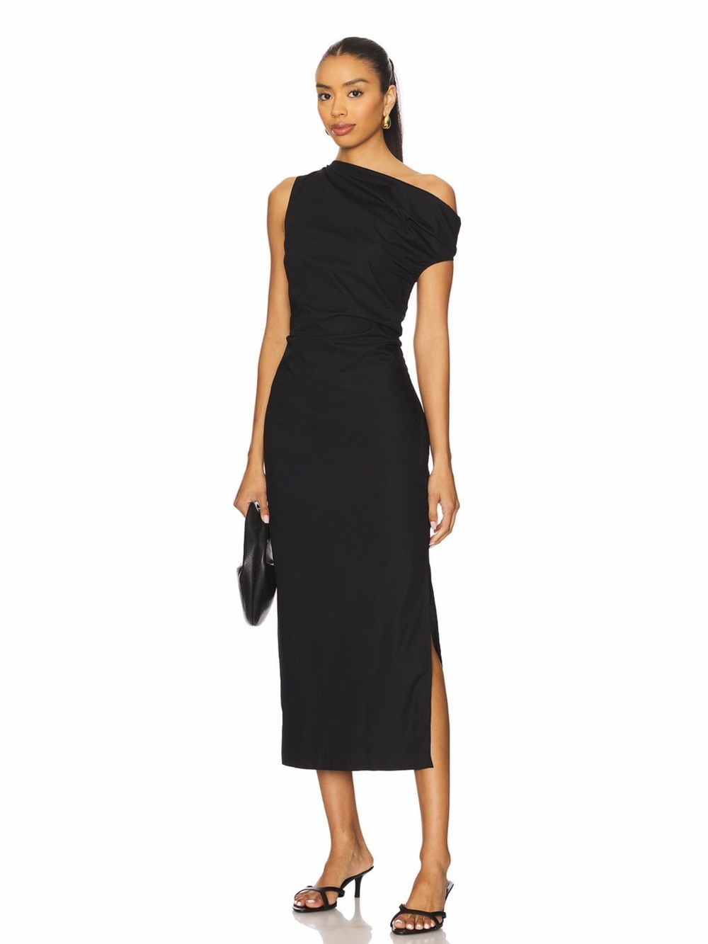 Enza Costa Revolve Black Cotton Poplin Structured Ruched Off Shoulder Midi Dress